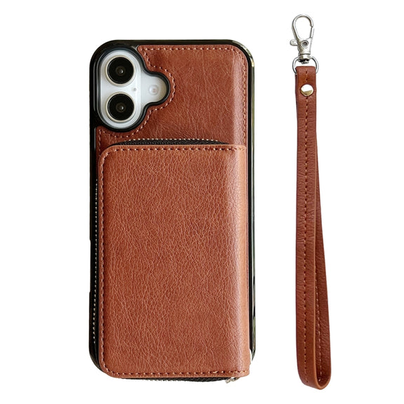 For iPhone 16 Plus Solid Color Zipper 11-Card Slots Bag Phone Case with Lanyard(Brown)