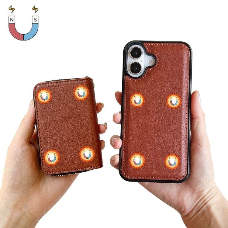 For iPhone 16 Plus Solid Color Zipper 11-Card Slots Bag Phone Case with Lanyard(Brown)