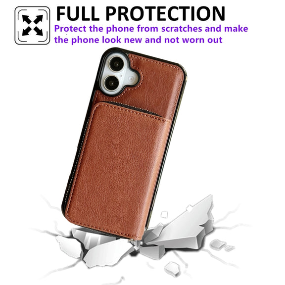 For iPhone 16 Plus Solid Color Zipper 11-Card Slots Bag Phone Case with Lanyard(Brown)