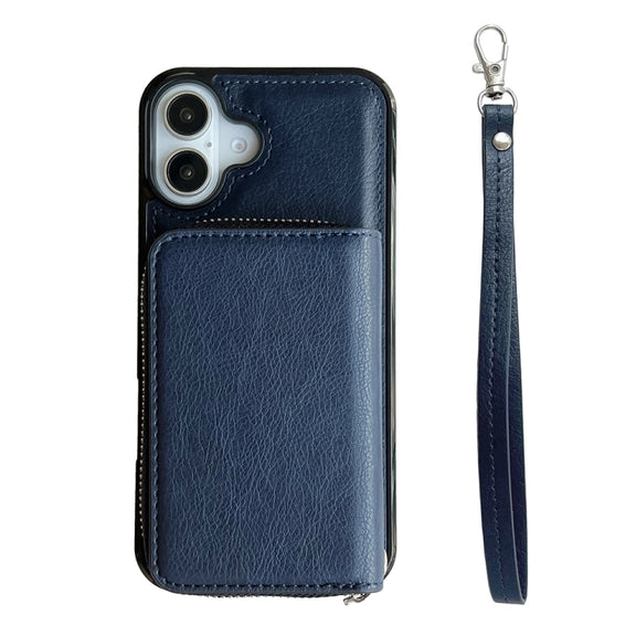 For iPhone 16 Solid Color Zipper 11-Card Slots Bag Phone Case with Lanyard(Blue)