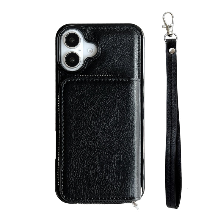 For iPhone 16 Solid Color Zipper 11-Card Slots Bag Phone Case with Lanyard(Black)