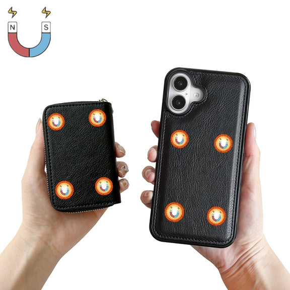 For iPhone 16 Solid Color Zipper 11-Card Slots Bag Phone Case with Lanyard(Black)