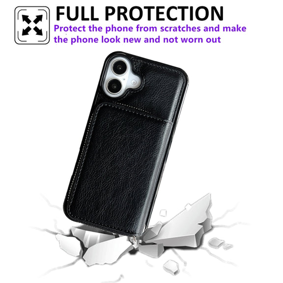 For iPhone 16 Solid Color Zipper 11-Card Slots Bag Phone Case with Lanyard(Black)