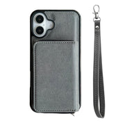 For iPhone 16 Solid Color Zipper 11-Card Slots Bag Phone Case with Lanyard(Grey)