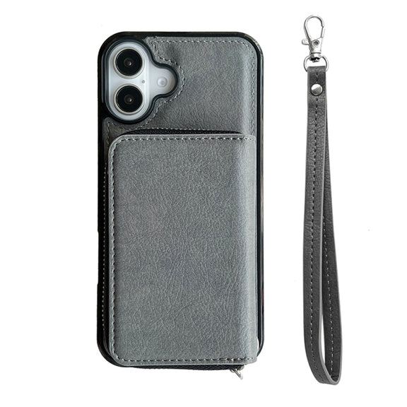 For iPhone 16 Solid Color Zipper 11-Card Slots Bag Phone Case with Lanyard(Grey)