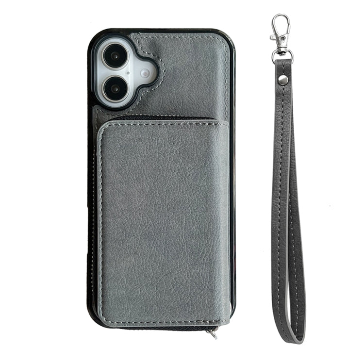 For iPhone 16 Solid Color Zipper 11-Card Slots Bag Phone Case with Lanyard(Grey)