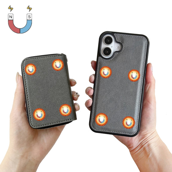 For iPhone 16 Solid Color Zipper 11-Card Slots Bag Phone Case with Lanyard(Grey)