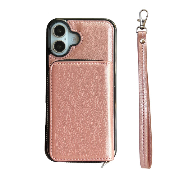 For iPhone 16 Solid Color Zipper 11-Card Slots Bag Phone Case with Lanyard(Rose Gold)