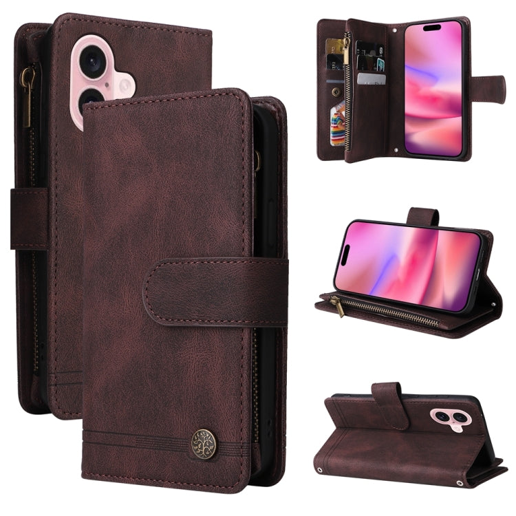 For iPhone 16 Skin Feel Multi-Card Wallet Zipper Leather Phone Case(Brown) - iPhone 16 Cases by PMC TechLife | Online Shopping South Africa | PMC TechLife | Buy Now Pay Later Mobicred