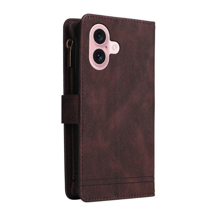 For iPhone 16 Skin Feel Multi-Card Wallet Zipper Leather Phone Case(Brown) - iPhone 16 Cases by PMC TechLife | Online Shopping South Africa | PMC TechLife | Buy Now Pay Later Mobicred