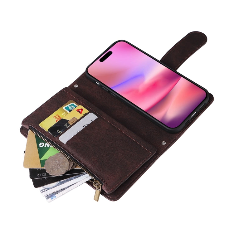For iPhone 16 Skin Feel Multi-Card Wallet Zipper Leather Phone Case(Brown) - iPhone 16 Cases by PMC TechLife | Online Shopping South Africa | PMC TechLife | Buy Now Pay Later Mobicred