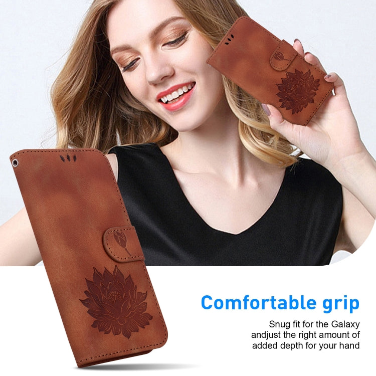 For iPhone 16e Lotus Embossed Leather Phone Case(Brown) - iPhone 16e Cases by PMC TechLife | Online Shopping South Africa | PMC TechLife | Buy Now Pay Later Mobicred