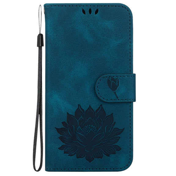 For iPhone 16e Lotus Embossed Leather Phone Case(Dark Blue)