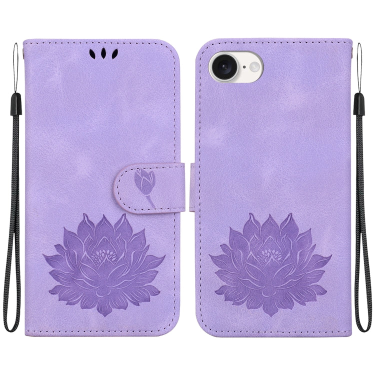 For iPhone 16e Lotus Embossed Leather Phone Case(Purple) - iPhone 16e Cases by PMC TechLife | Online Shopping South Africa | PMC TechLife | Buy Now Pay Later Mobicred