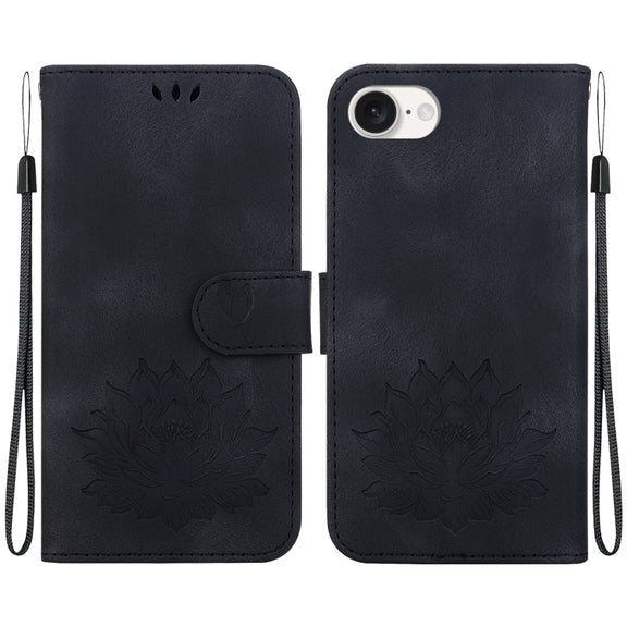 For iPhone 16e Lotus Embossed Leather Phone Case(Black)