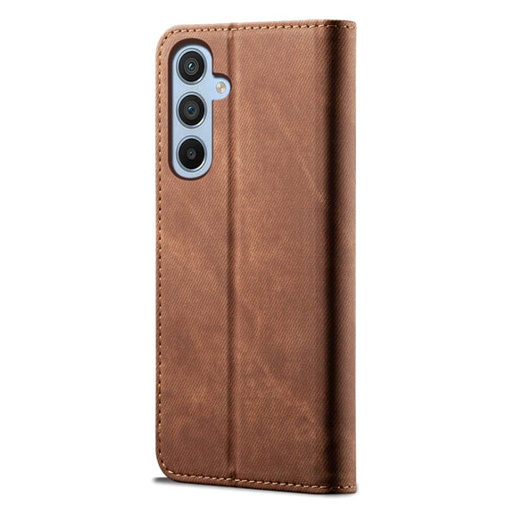 For Samsung Galaxy S25 5G Denim Texture Casual Style Horizontal Flip Leather Case(Brown)