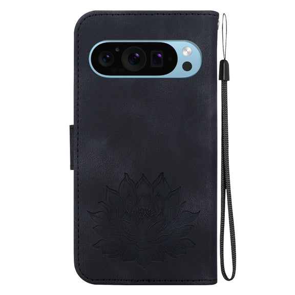 For Google Pixel 9 Lotus Embossed Leather Phone Case(Black)