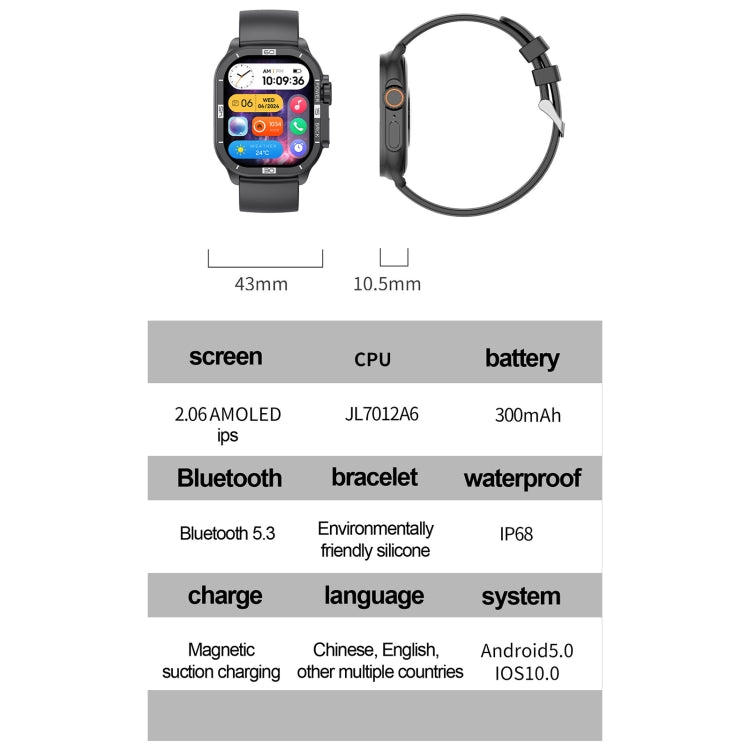 HK96S 2.06 inch BT5.3 IP68 Sport Smart Watch, Support Bluetooth Call / Sleep / Blood Oxygen / Heart Rate / Blood Pressure Health Monitor(Black)