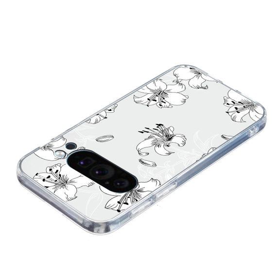 For Google Pixel 9 Colored Drawing Pattern Transparent TPU Phone Case(White Flower)
