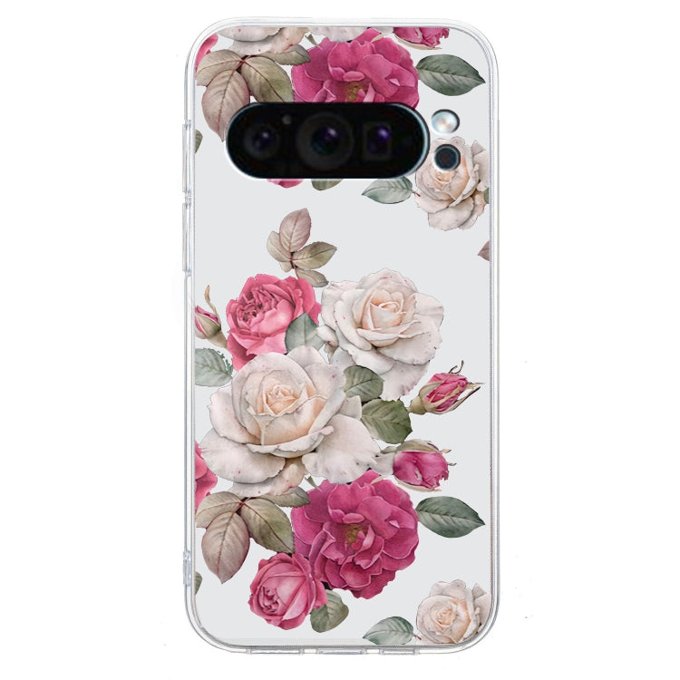 For Google Pixel 9 Colored Drawing Pattern Transparent TPU Phone Case(Peony) - Google Cases by PMC TechLife | Online Shopping South Africa | PMC TechLife | Buy Now Pay Later Mobicred