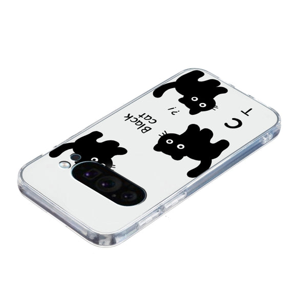 For Google Pixel 9 Colored Drawing Pattern Transparent TPU Phone Case(Black Cat)