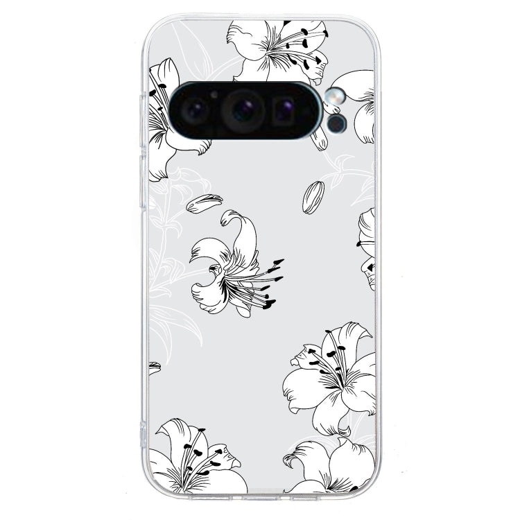 For Google Pixel 9 Pro Colored Drawing Pattern Transparent TPU Phone Case(White Flower)