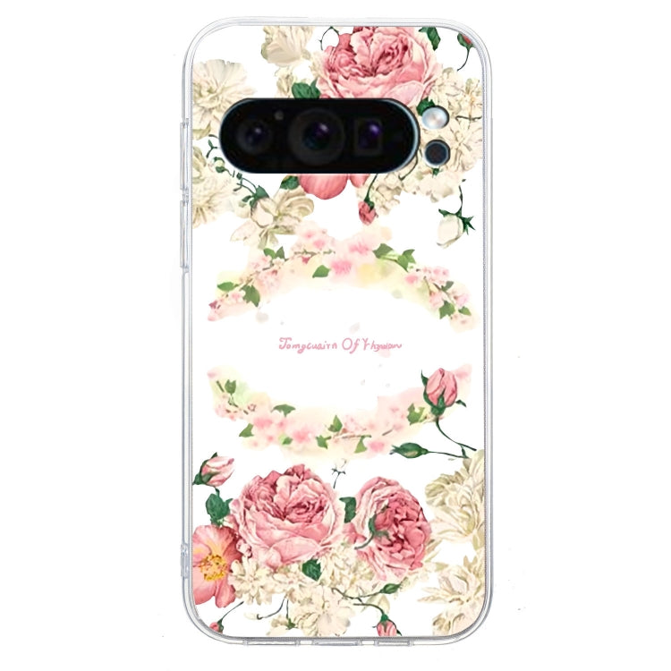 For Google Pixel 9 Pro Colored Drawing Pattern Transparent TPU Phone Case(Rose)