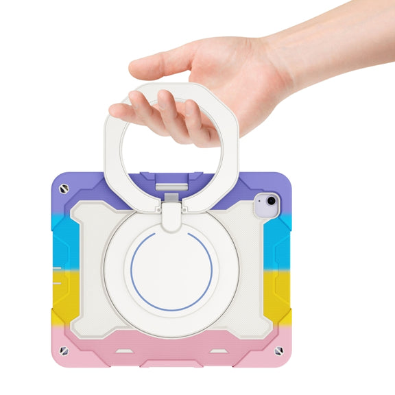 For iPad Air 13 2024 / 2025 Armor Portable Rotating Ring Holder Silicone Tablet Case with Pen Slot(Colorful Pink)