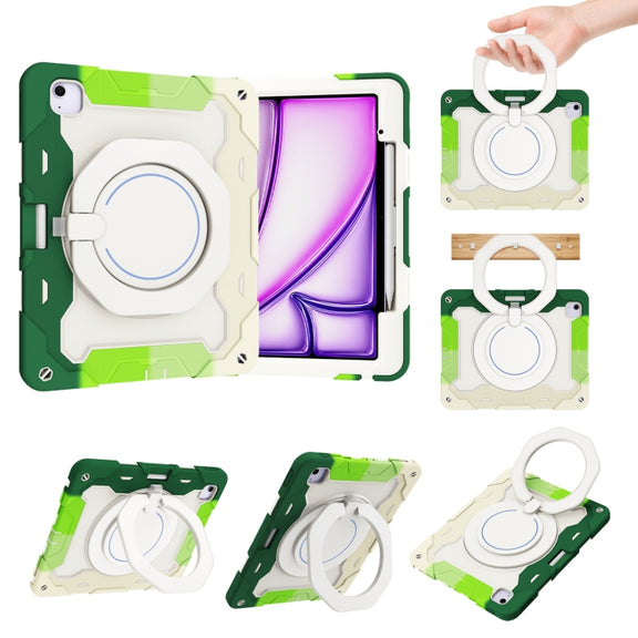 For iPad Air 13 2024 / 2025 Armor Portable Rotating Ring Holder Silicone Tablet Case with Pen Slot(Colorful Green)