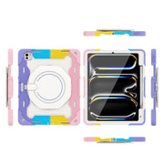 For iPad Pro 13 2024 Armor Portable Rotating Ring Holder Silicone Tablet Case with Pen Slot(Colorful Pink)