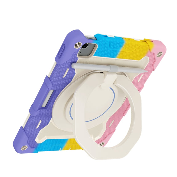 For iPad Air 11 2024 Armor Portable Rotating Ring Holder Silicone Tablet Case with Pen Slot(Colorful Pink)