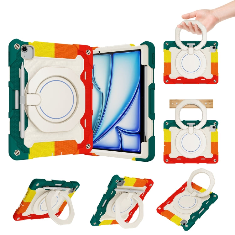 For iPad Air 11 2024 / 2025 Armor Portable Rotating Ring Holder Silicone Tablet Case with Pen Slot(Colorful Red) - iPad Air 11 2025 / 2024 Cases by PMC TechLife | Online Shopping South Africa | PMC TechLife | Buy Now Pay Later Mobicred