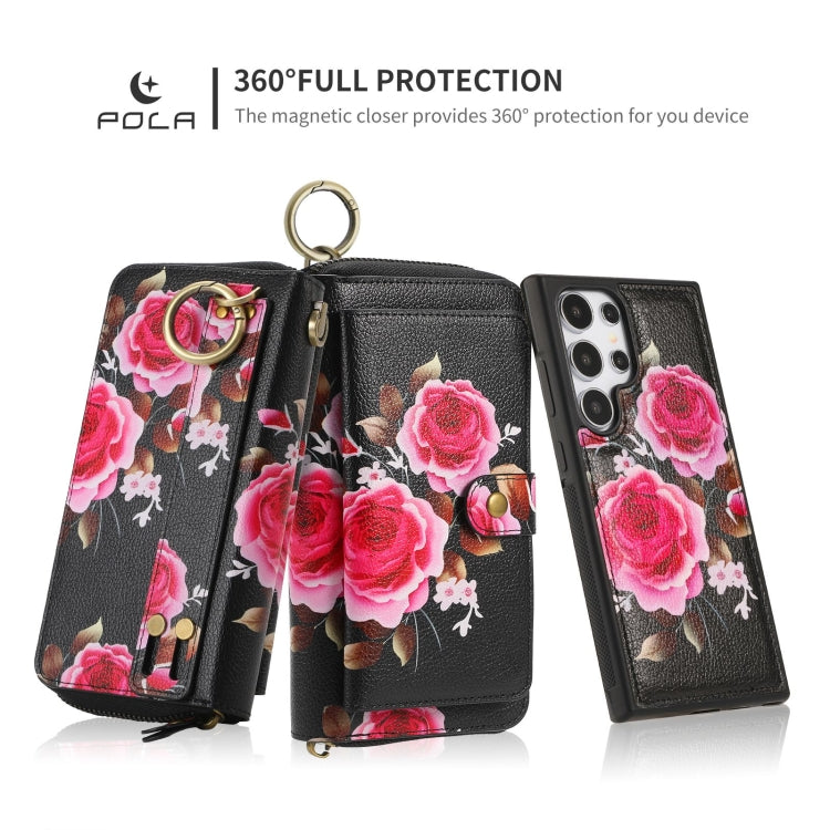 For Samsung Galaxy S24 5G POLA Flower Multi-functional Zipper Wallet Leather Phone Case(Black)