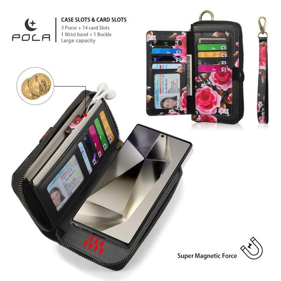 For Samsung Galaxy S24 5G POLA Flower Multi-functional Zipper Wallet Leather Phone Case(Black)