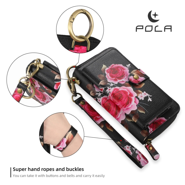 For Samsung Galaxy S24 5G POLA Flower Multi-functional Zipper Wallet Leather Phone Case(Black)