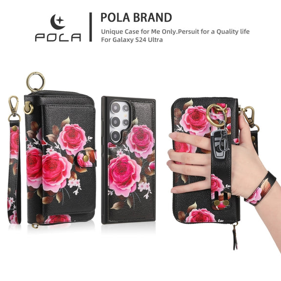 For Samsung Galaxy S24 Ultra 5G POLA Flower Multi-functional Zipper Wallet Leather Phone Case(Black)