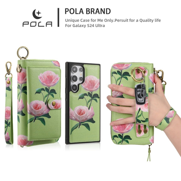 For Samsung Galaxy S24 Ultra 5G POLA Flower Multi-functional Zipper Wallet Leather Phone Case(Green)