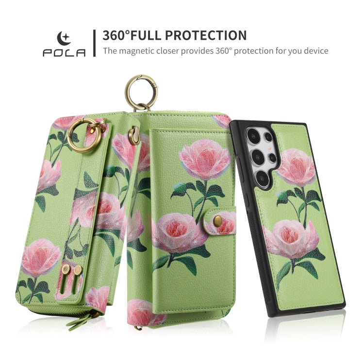 For Samsung Galaxy S24 Ultra 5G POLA Flower Multi-functional Zipper Wallet Leather Phone Case(Green)