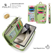 For Samsung Galaxy S24 Ultra 5G POLA Flower Multi-functional Zipper Wallet Leather Phone Case(Green)