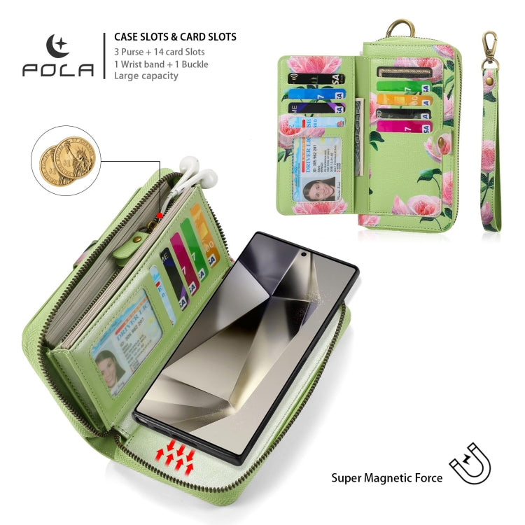 For Samsung Galaxy S24 Ultra 5G POLA Flower Multi-functional Zipper Wallet Leather Phone Case(Green)