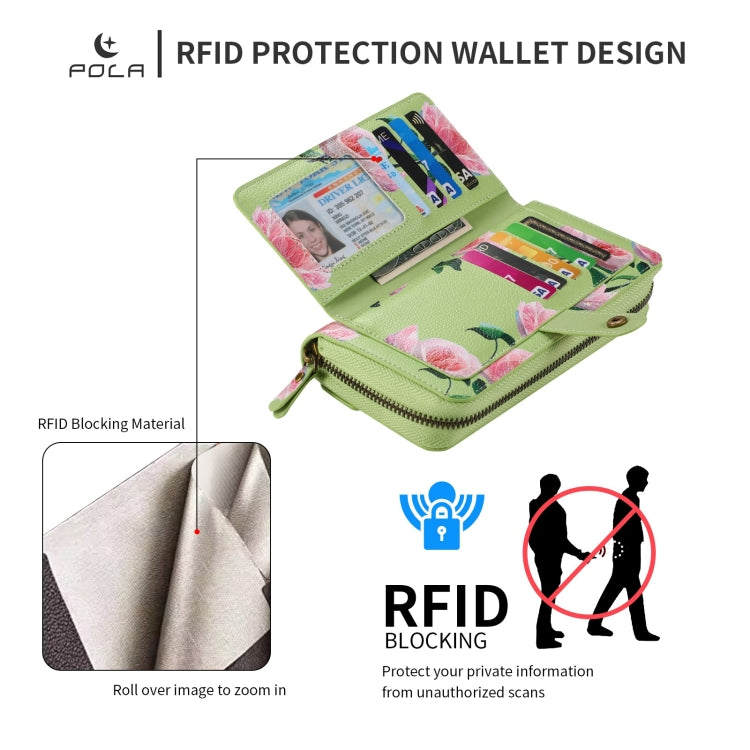 For Samsung Galaxy S24 Ultra 5G POLA Flower Multi-functional Zipper Wallet Leather Phone Case(Green)
