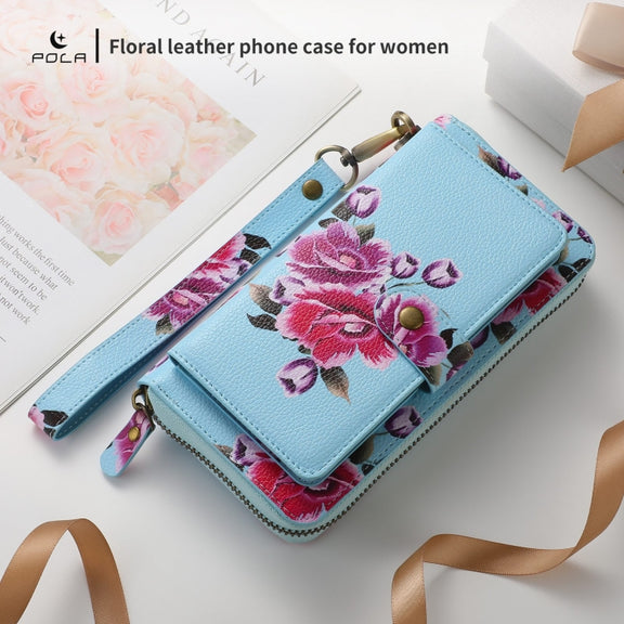 For Samsung Galaxy S24 Ultra 5G POLA Flower Multi-functional Zipper Wallet Leather Phone Case(Sky Blue)