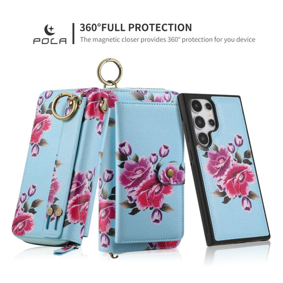 For Samsung Galaxy S24 Ultra 5G POLA Flower Multi-functional Zipper Wallet Leather Phone Case(Sky Blue)