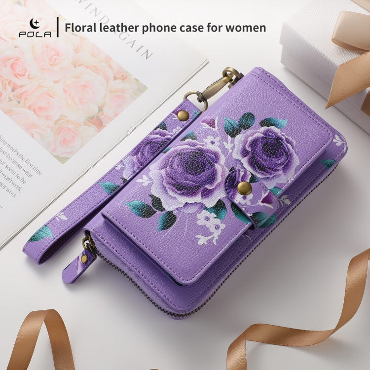 For Samsung Galaxy S24 Ultra 5G POLA Flower Multi-functional Zipper Wallet Leather Phone Case(Purple)