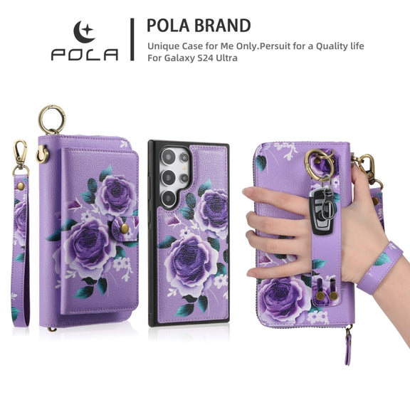 For Samsung Galaxy S24 Ultra 5G POLA Flower Multi-functional Zipper Wallet Leather Phone Case(Purple)