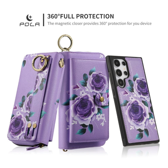 For Samsung Galaxy S24 Ultra 5G POLA Flower Multi-functional Zipper Wallet Leather Phone Case(Purple)