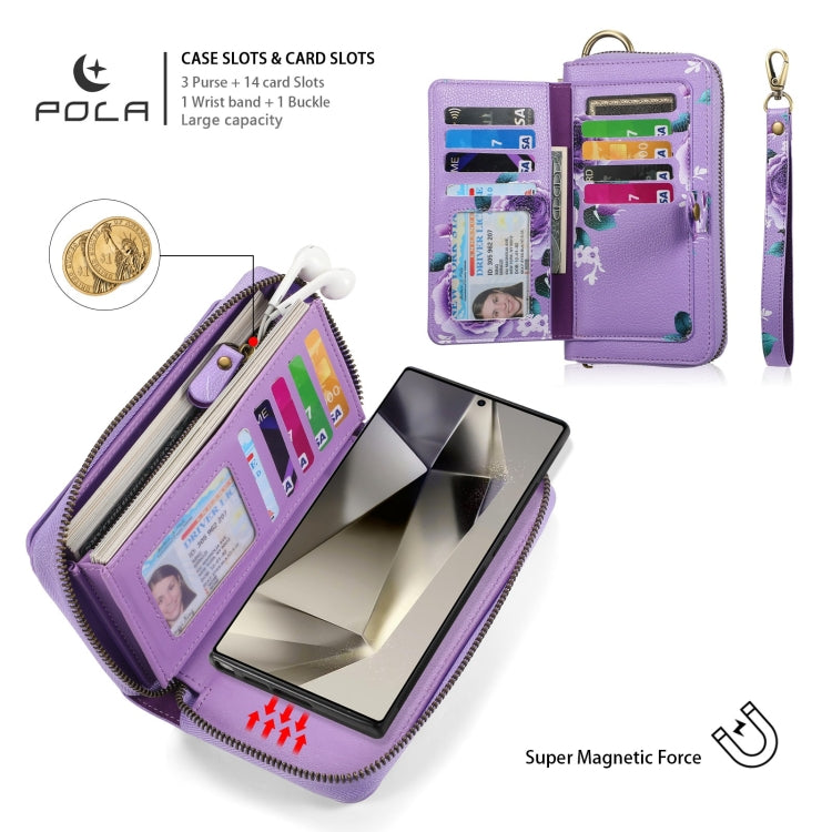 For Samsung Galaxy S24 Ultra 5G POLA Flower Multi-functional Zipper Wallet Leather Phone Case(Purple)