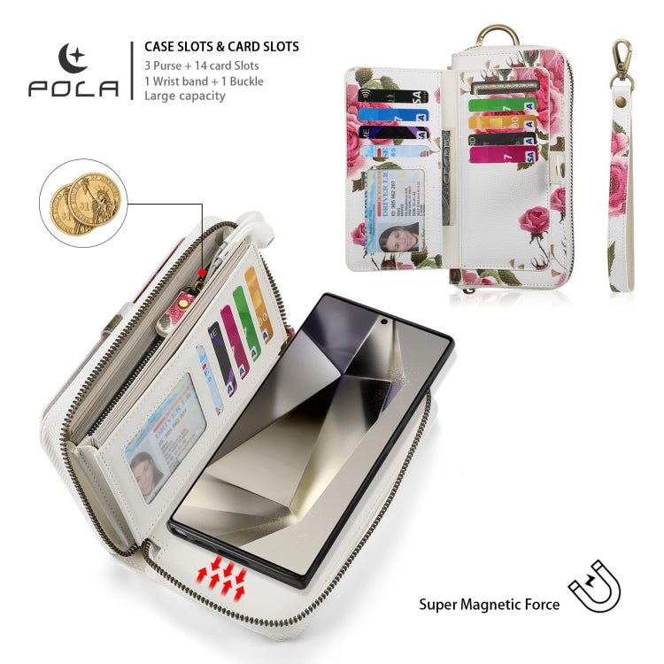 For Samsung Galaxy S24 Ultra 5G POLA Flower Multi-functional Zipper Wallet Leather Phone Case(Beige)