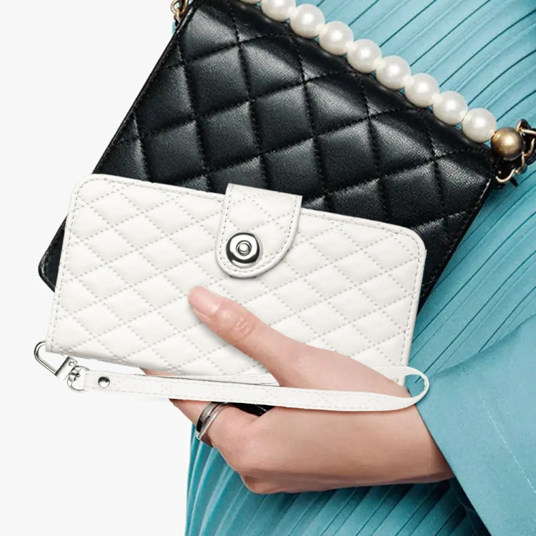 For Blackview A53 Rhombic Texture Flip Leather Phone Case with Lanyard(White) - More Brand by PMC TechLife | Online Shopping South Africa | PMC TechLife | Buy Now Pay Later Mobicred