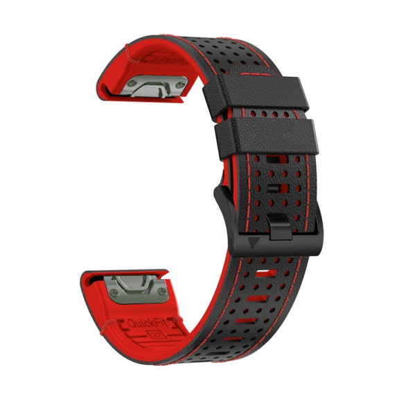 For Garmin Fenix 7X 26mm Dot Hole Silicone Leather Quick Release Watch Band(Black Red)